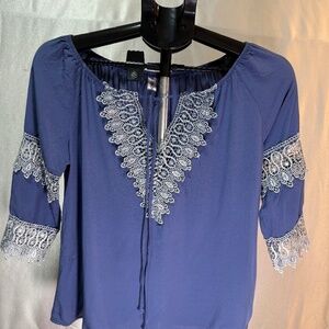 OrderPlus Blue Lace Trim Blouse Boho Peasant Top Size S